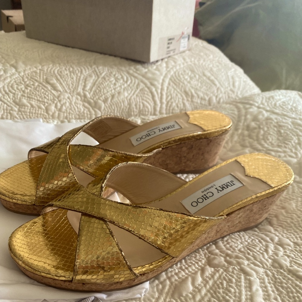 Jimmy Choo gold leather & cork sole wedges
